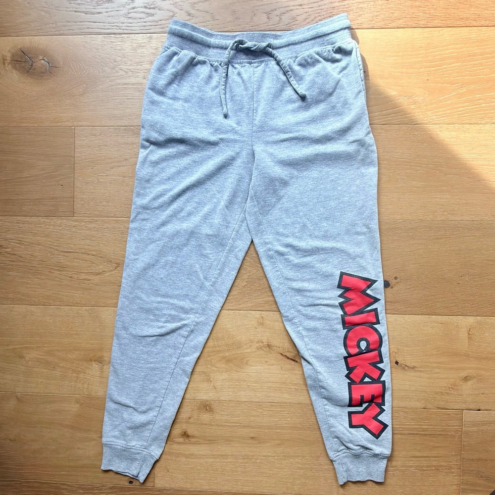 Disney Mickey Mouse Joggers Heather Gray Red/Black Vertical Leg Logo Mens Small